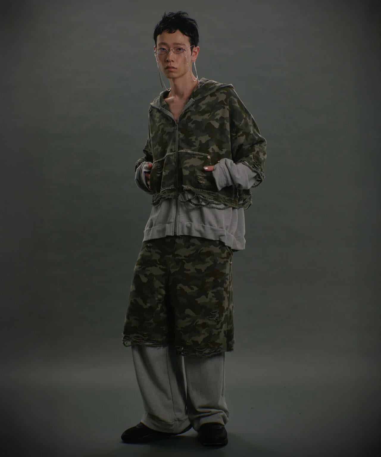 neith./ネイス/Layered Crush Hoodie(Camo×Gray)
