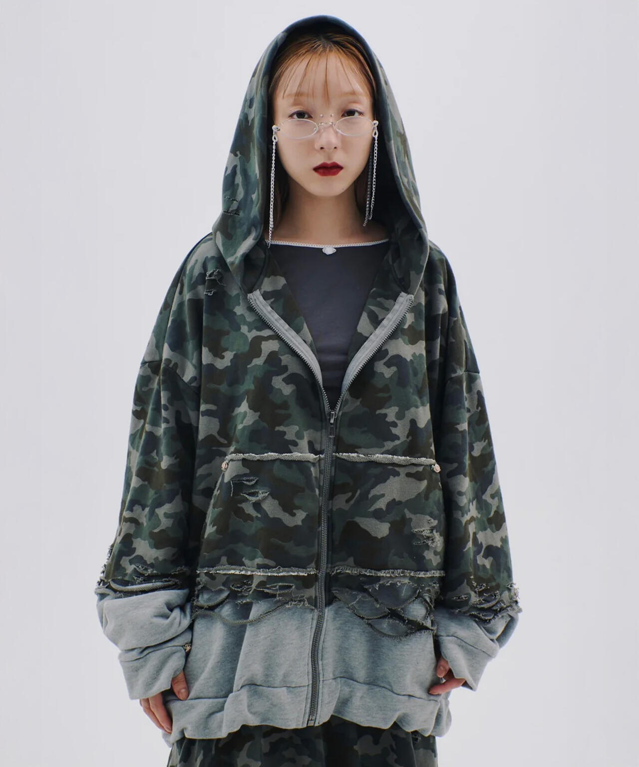 neith./ネイス/Layered Crush Hoodie(Camo×Gray)
