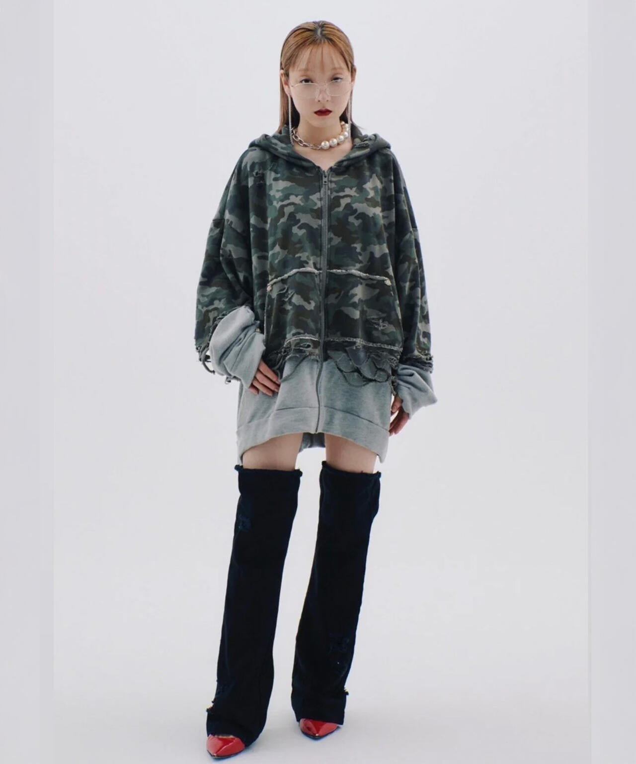 neith./ネイス/Layered Crush Hoodie(Camo×Gray)