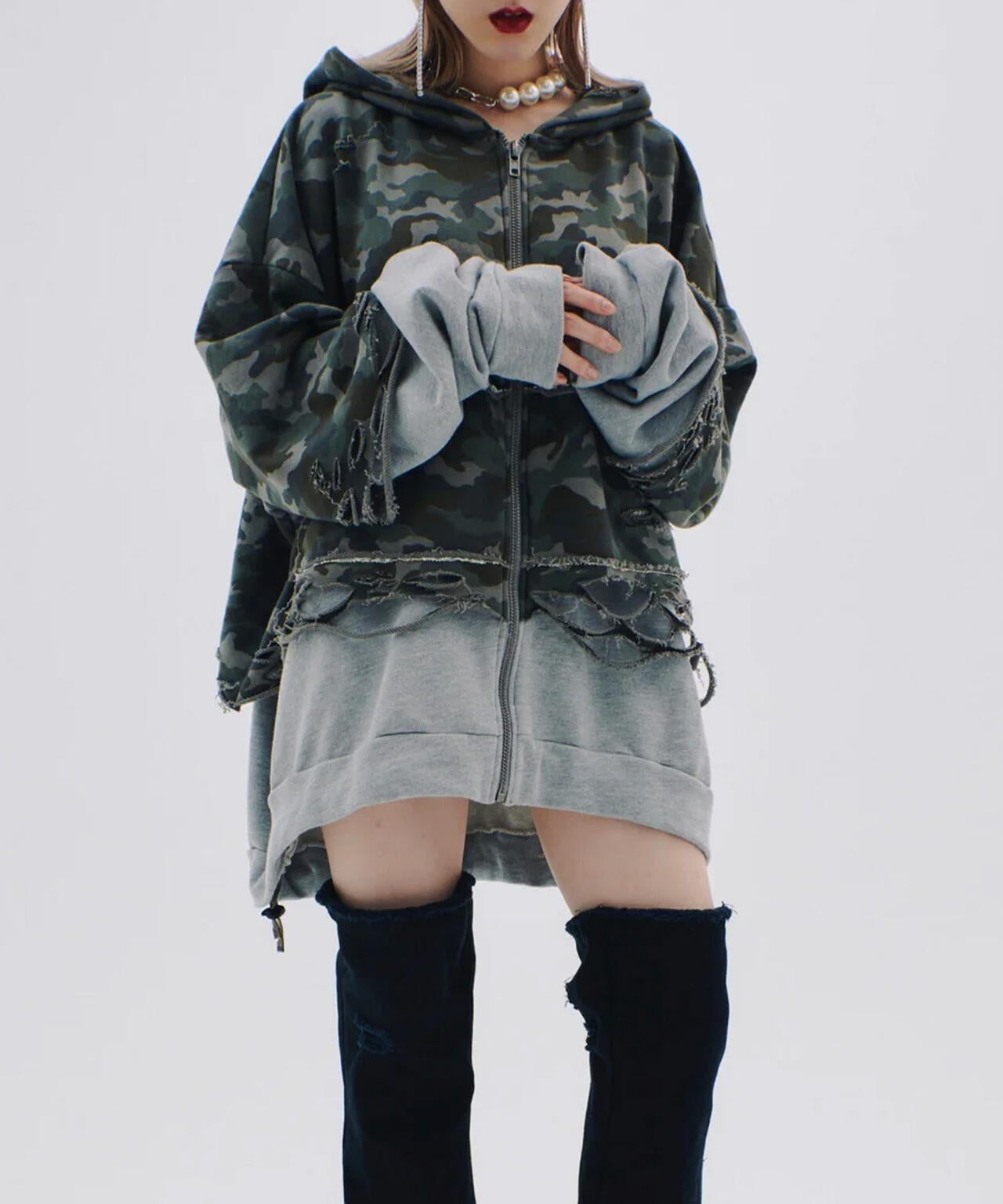neith./ネイス/Layered Crush Hoodie(Camo×Gray)