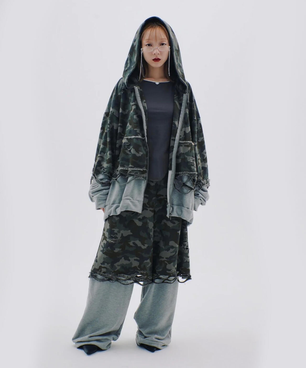 neith./ネイス/Layered Crush Hoodie(Camo×Gray)