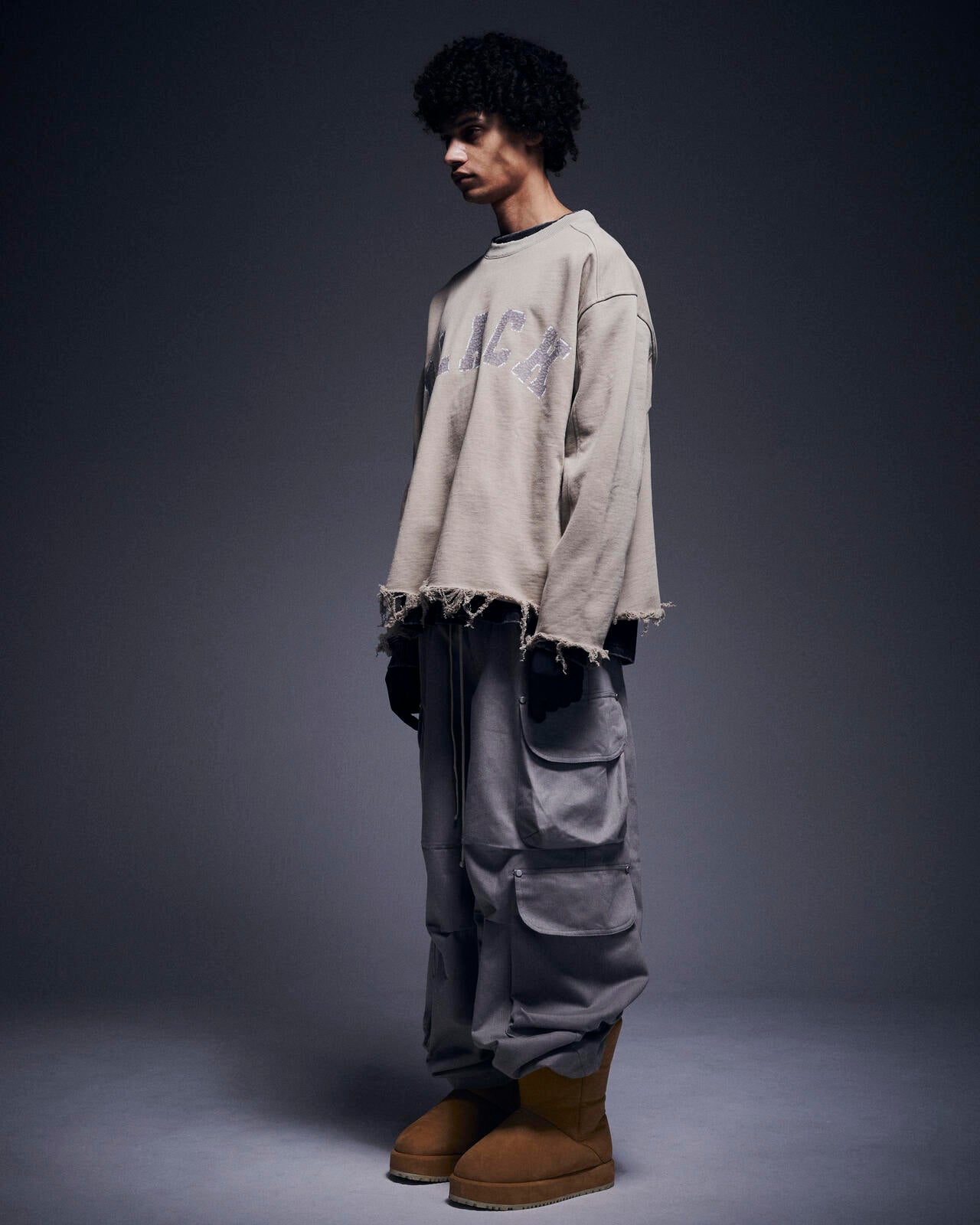 DankeSchon/ダンケシェーン/CUT FRINGE SWEAT CREWNECK BLACK