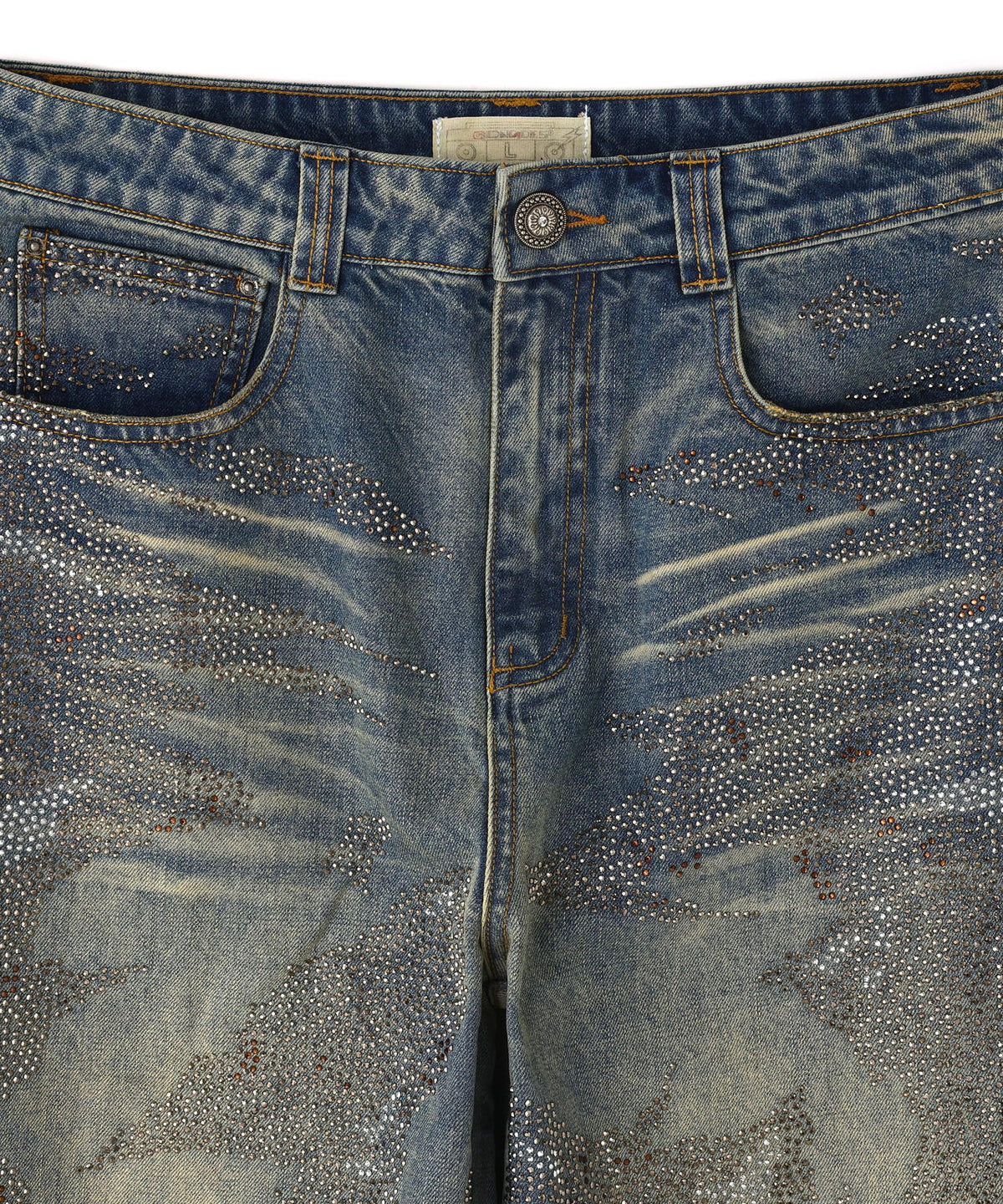 DND4DES/ディーエヌディーフォーデス/Rhinestone Dirty Denim Pants