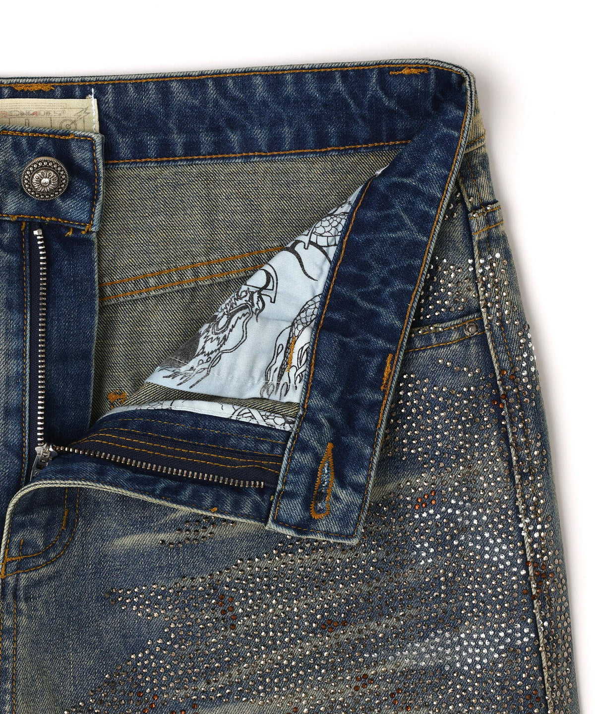 DND4DES/ディーエヌディーフォーデス/Rhinestone Dirty Denim Pants