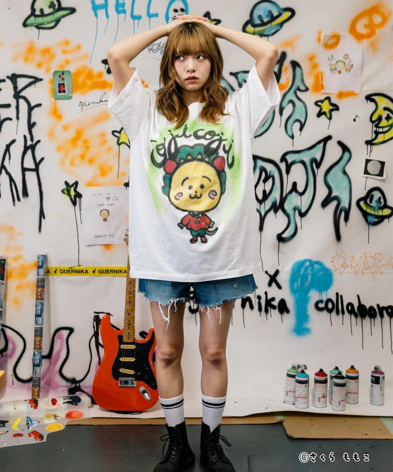 guernika/ゲルニカ/Drooping COJI-COJI Thumb Doll Spray T-shirt / White
